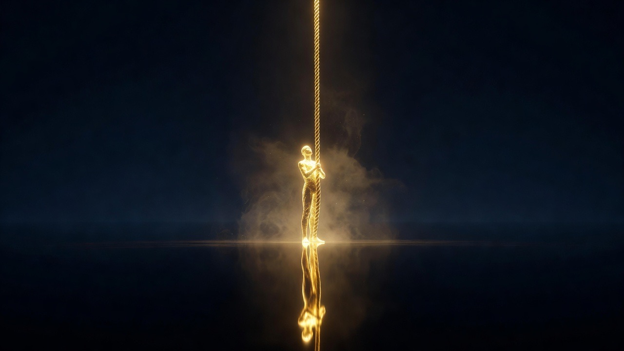 Two figures joined by a line of gold light — the visual metaphor for PBS and Czak settling transactions autonomously on-chain.